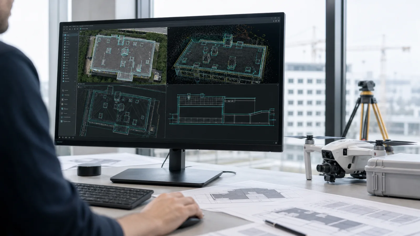 CAD-Software mit importierter Drohnen-Punktwolke und vektorisierten Dachkanten eines Schweizer Gebäudes