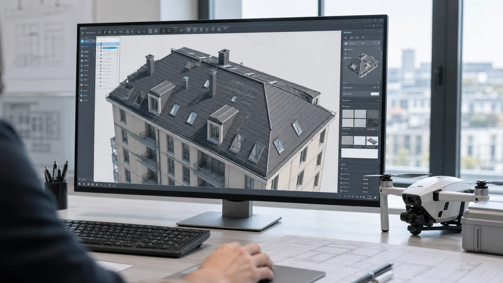 Photogrammetrisches 3D-Dachmodell eines Schweizer Gebäudes mit markierten Dachflächen, Gauben und Aufbauten in einer Planungssoftware