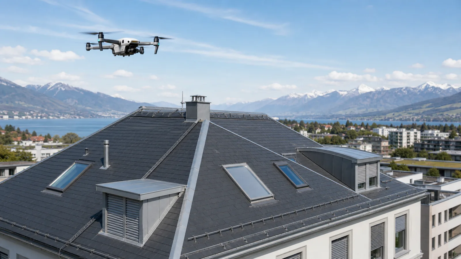 Vermessungsdrohne erfasst ein Schweizer Steildach mit Gauben, Dachfenstern und Kamin für ein digitales Dachaufmass