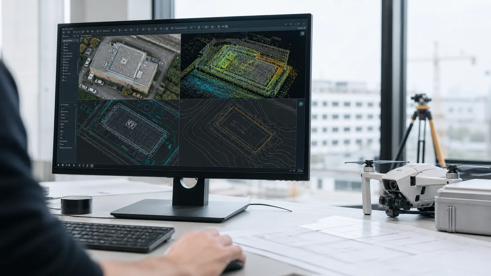 Professioneller CAD-Arbeitsplatz mit Drohnen-Orthofoto, Punktwolke und Vektordaten eines Schweizer Gewerbeareals