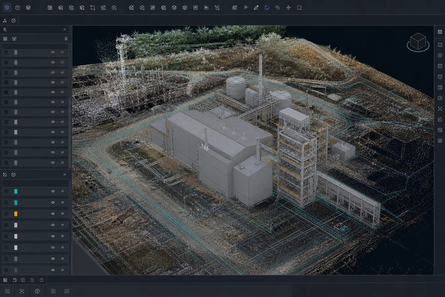 Bildschirm mit einer in eine CAD- und BIM-Umgebung importierten Drohnen-Punktwolke eines Industrieareals
