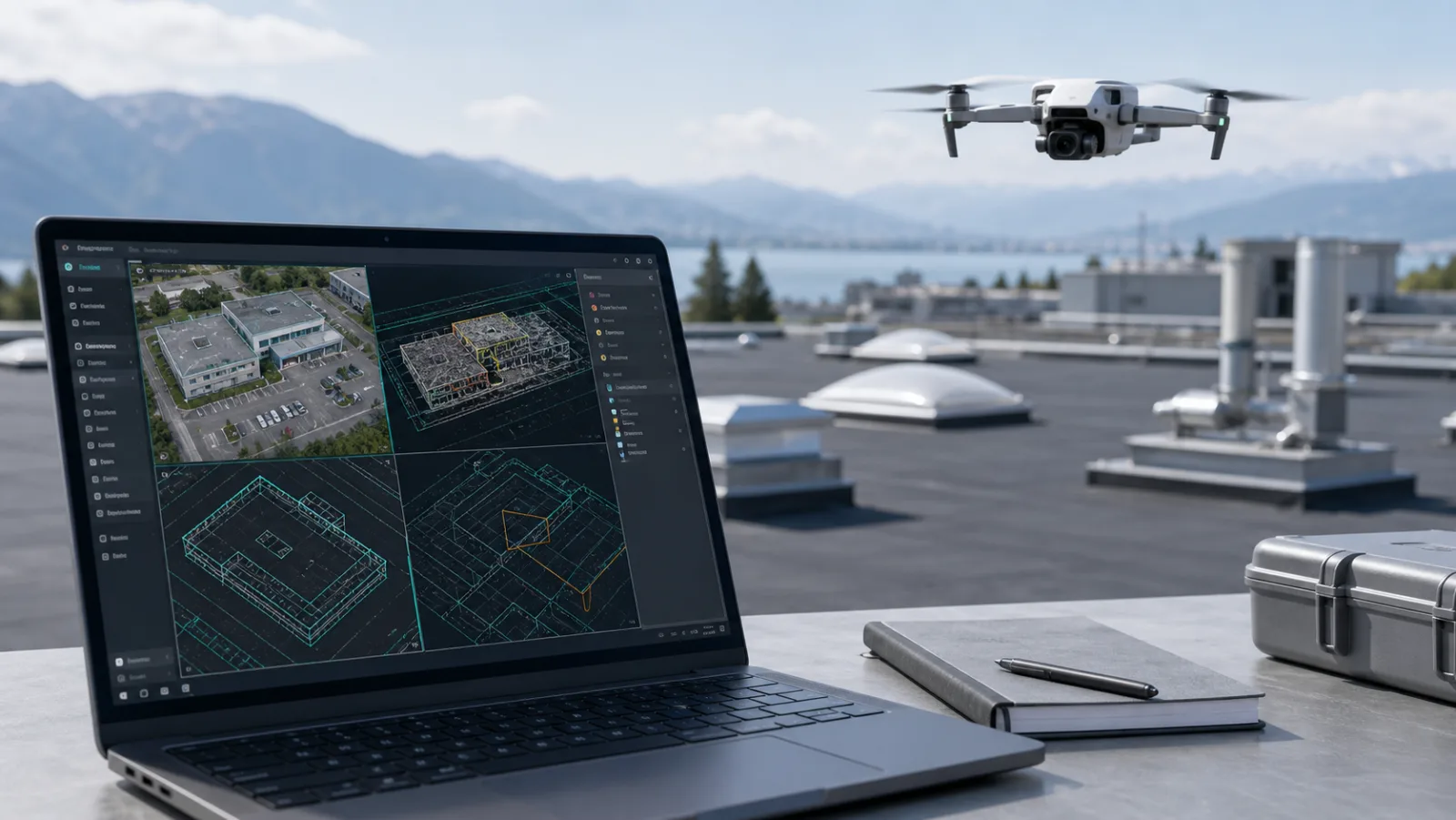 Vermessungsdrohne über einem Schweizer Gewerbedach mit sichtbarer CAD- und GIS-Planungsumgebung im Vordergrund