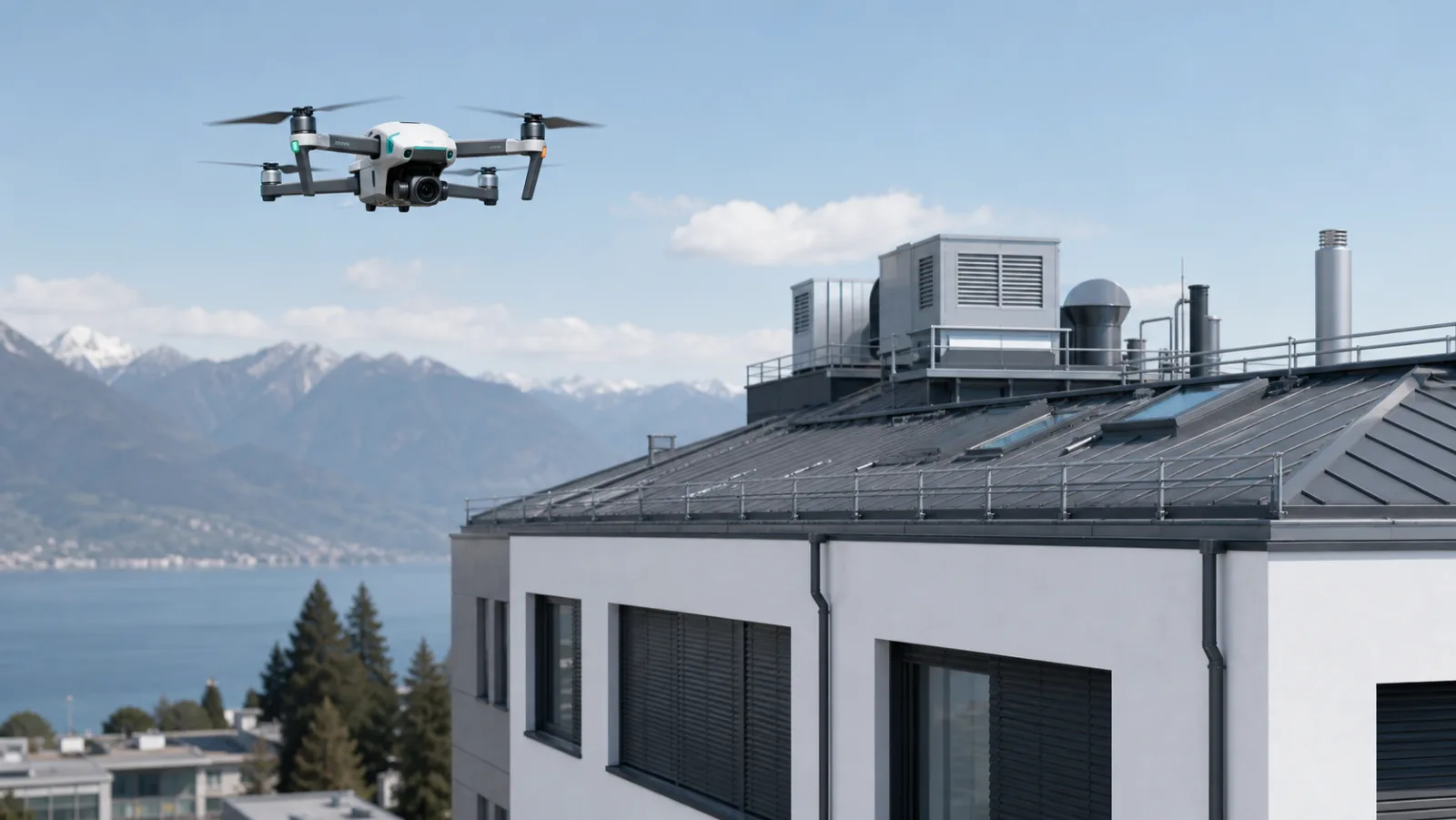 Drohne erfasst Dachrand, Fassade und technische Aufbauten eines Schweizer Gewerbegebäudes aus sicherer Distanz