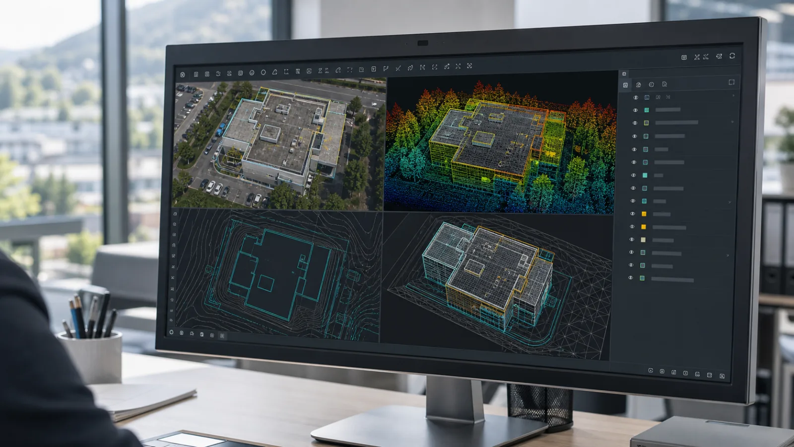 CAD- und GIS-Ansicht mit Drohnen-Orthofoto, Punktwolke, Höhenlinien und nicht lesbaren Layern eines Schweizer Bauareals