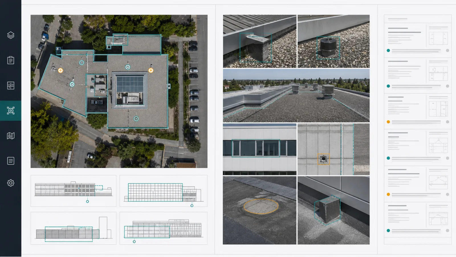 Professioneller Inspektionsbericht mit Drohnenfotos, markierten Dachdetails und neutraler CAD-Übersicht ohne lesbare Kundendaten