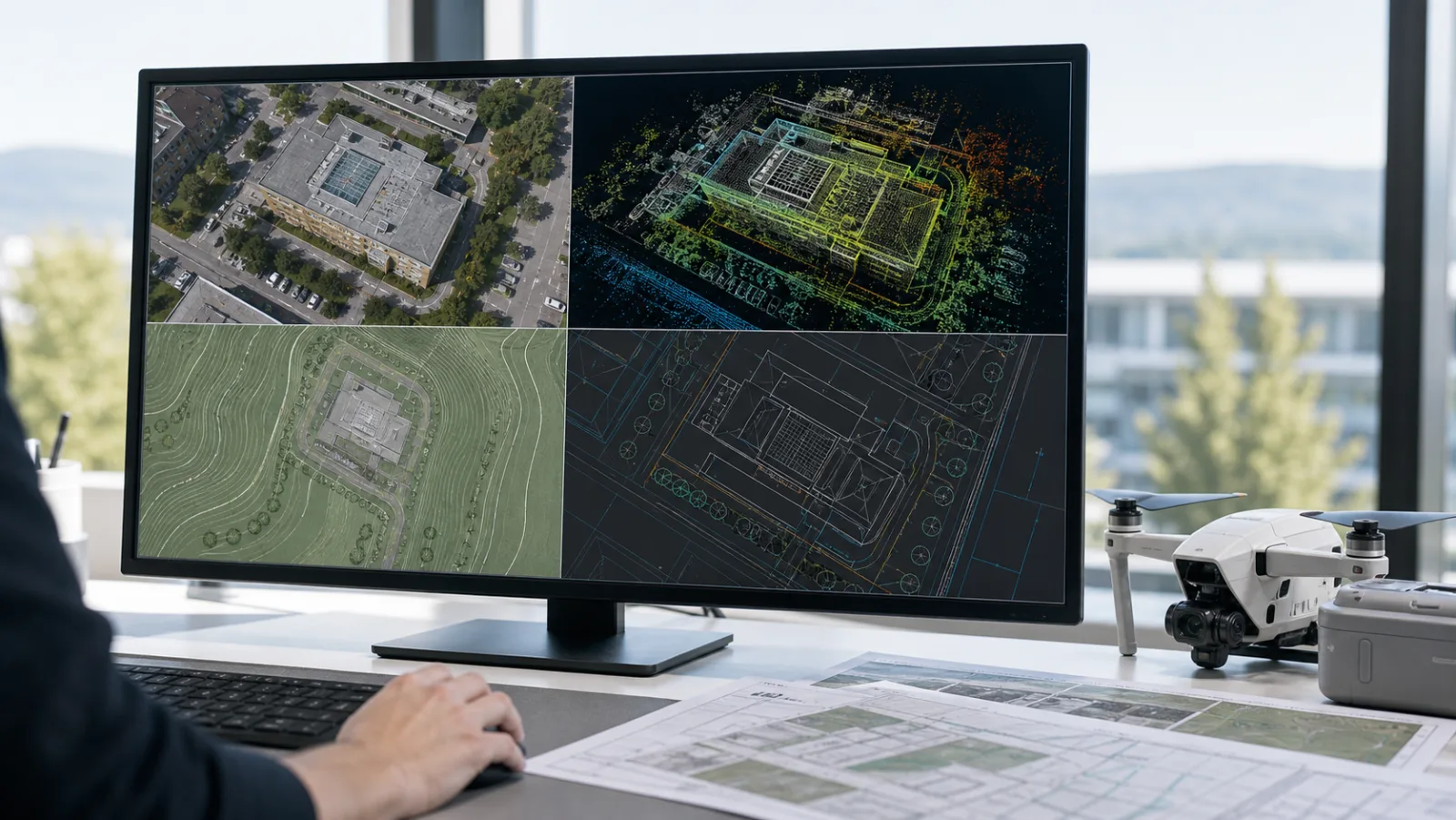 Saubere Lieferobjekt-Übersicht mit Orthofoto, Punktwolke, Höhenmodell und CAD-Plan auf einem Planungsmonitor