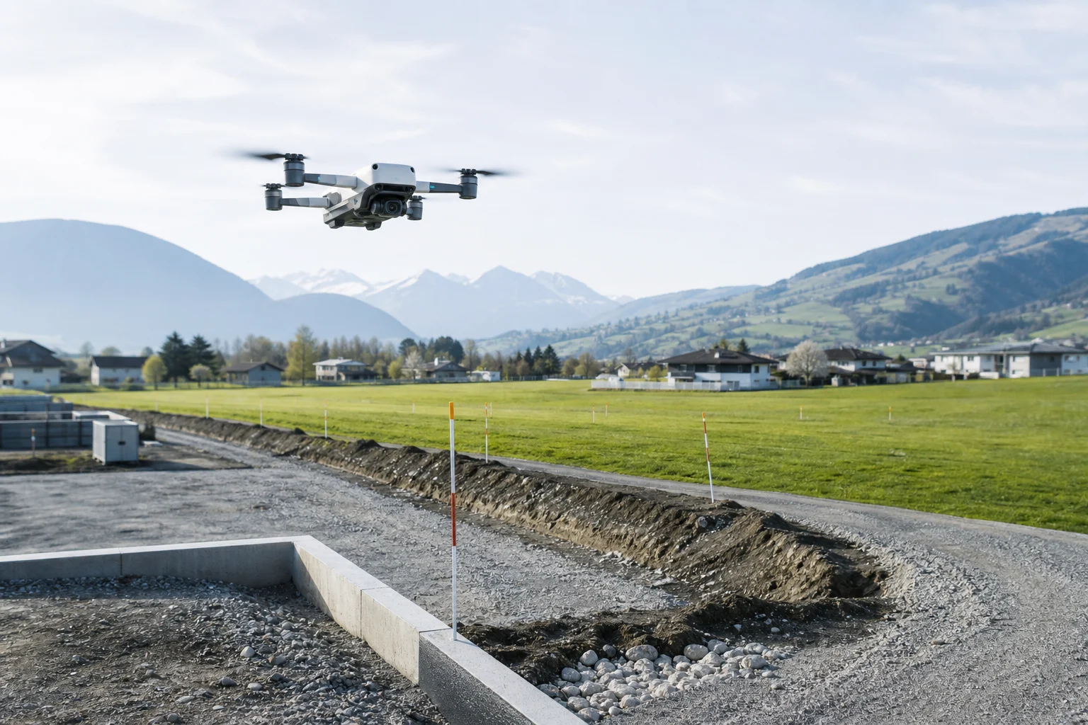 Drohne erfasst ein Schweizer Planungsareal mit Parzellengrenzen, Baustellenrand, Wiese und sichtbaren Höhenunterschieden