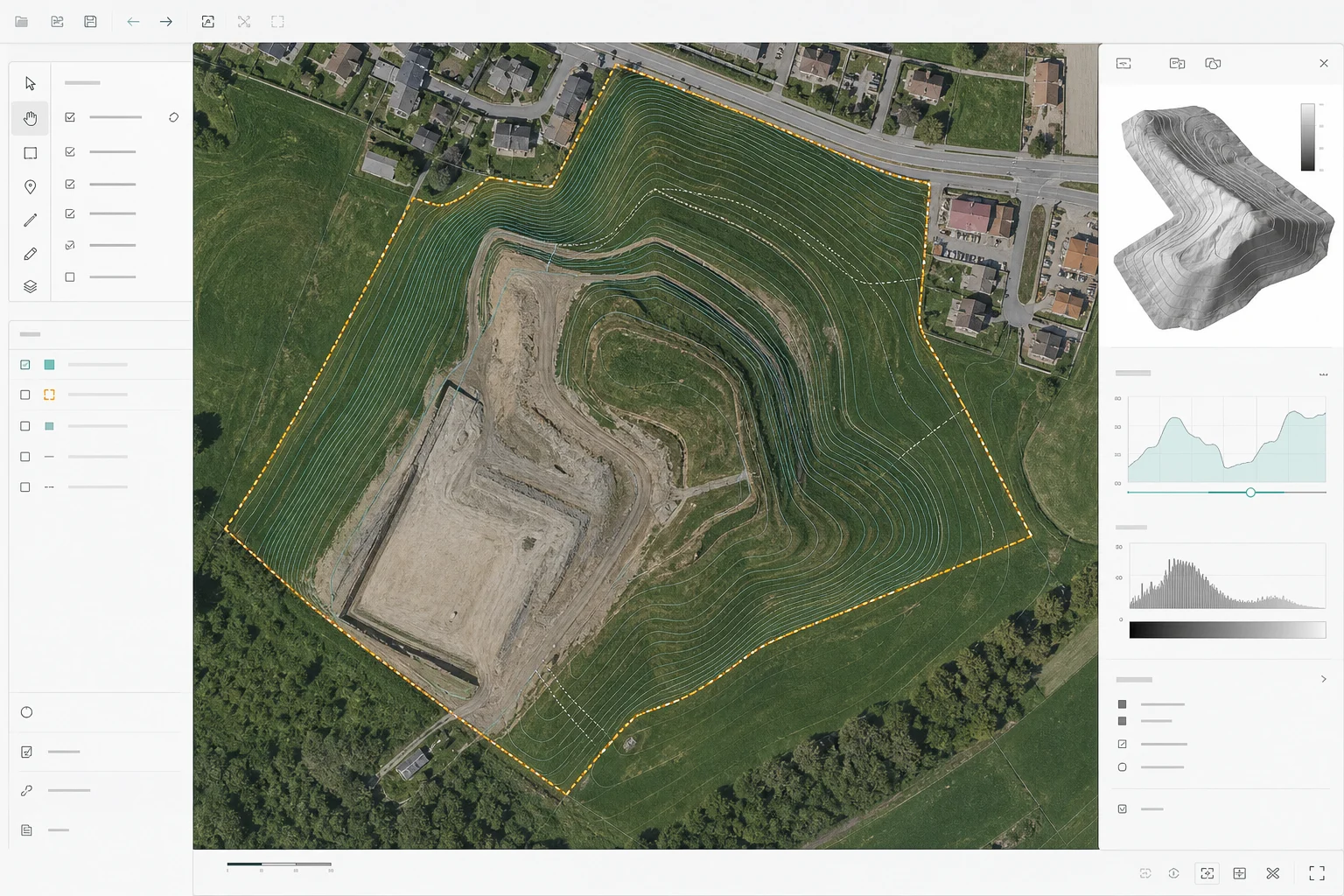 GIS-Auswertung eines Drohnen-Orthofotos mit Höhenlinien, Geländemodell und markiertem Planungsperimeter