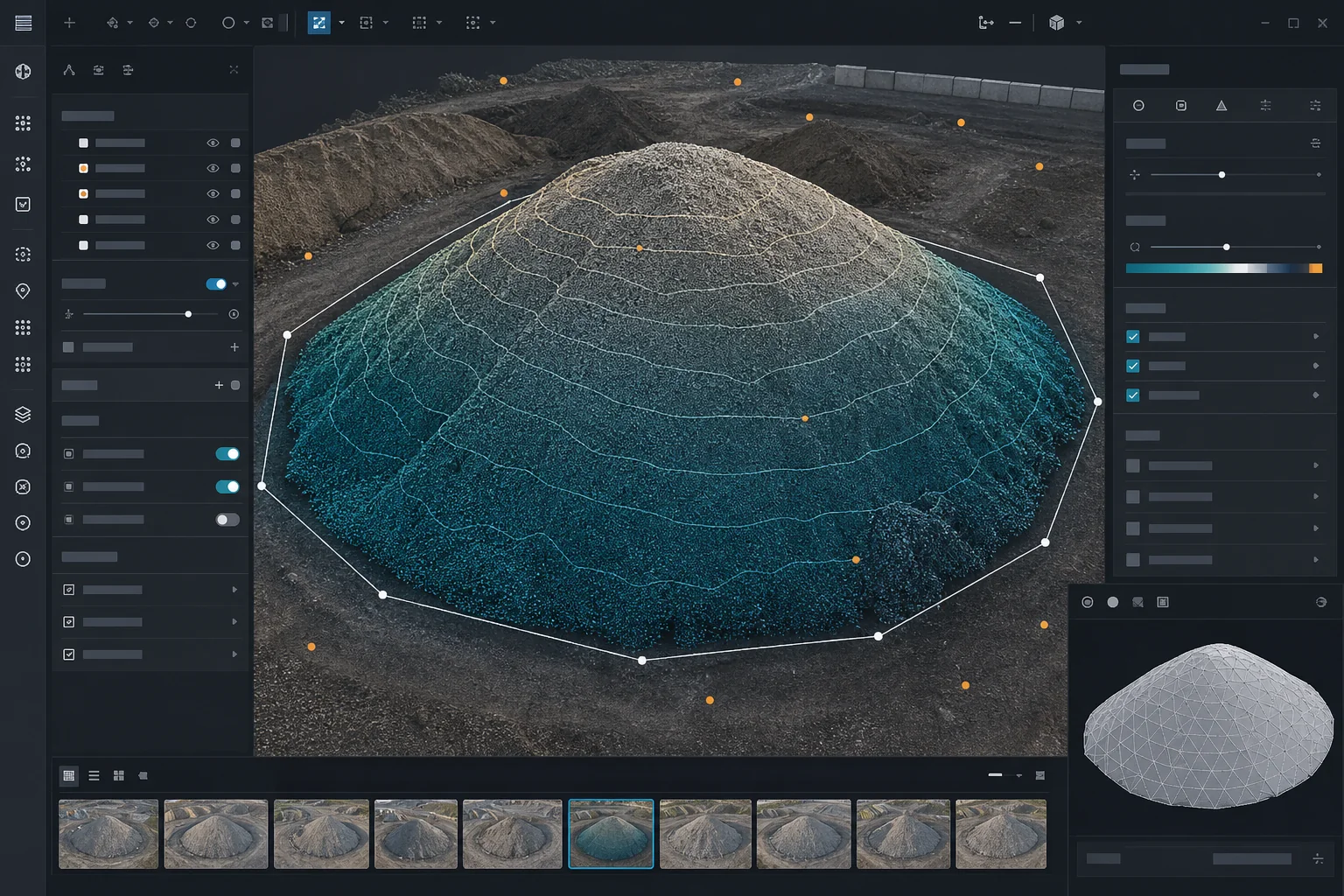 Farbige 3D-Punktwolke einer Schüttguthalde mit eingeblendeter Volumenberechnung auf einem Auswertungsbildschirm