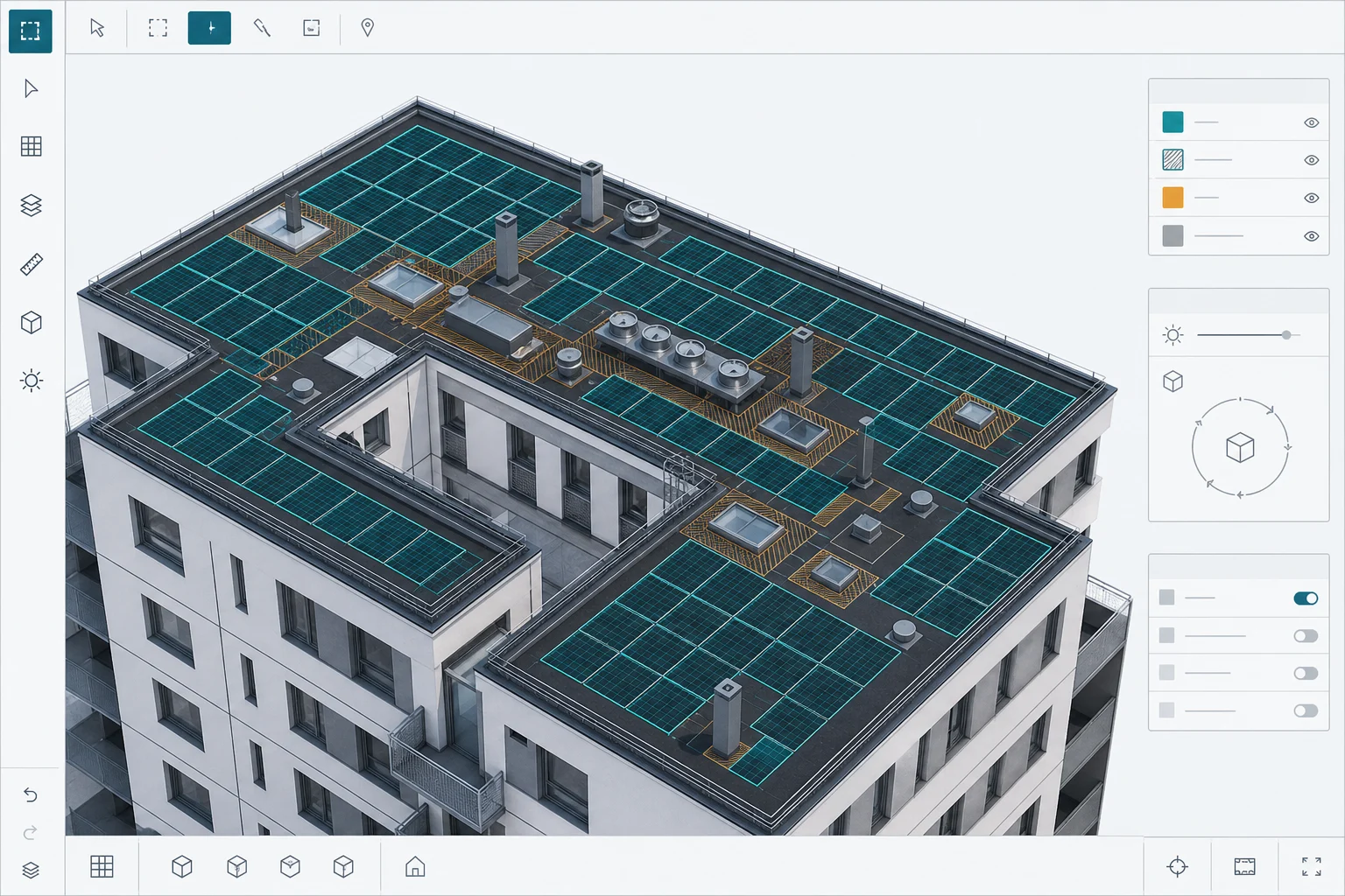 PV-Belegungsplanung auf einem 3D-Dachmodell mit sichtbaren Aufbauten, Randzonen und Schattenbereichen