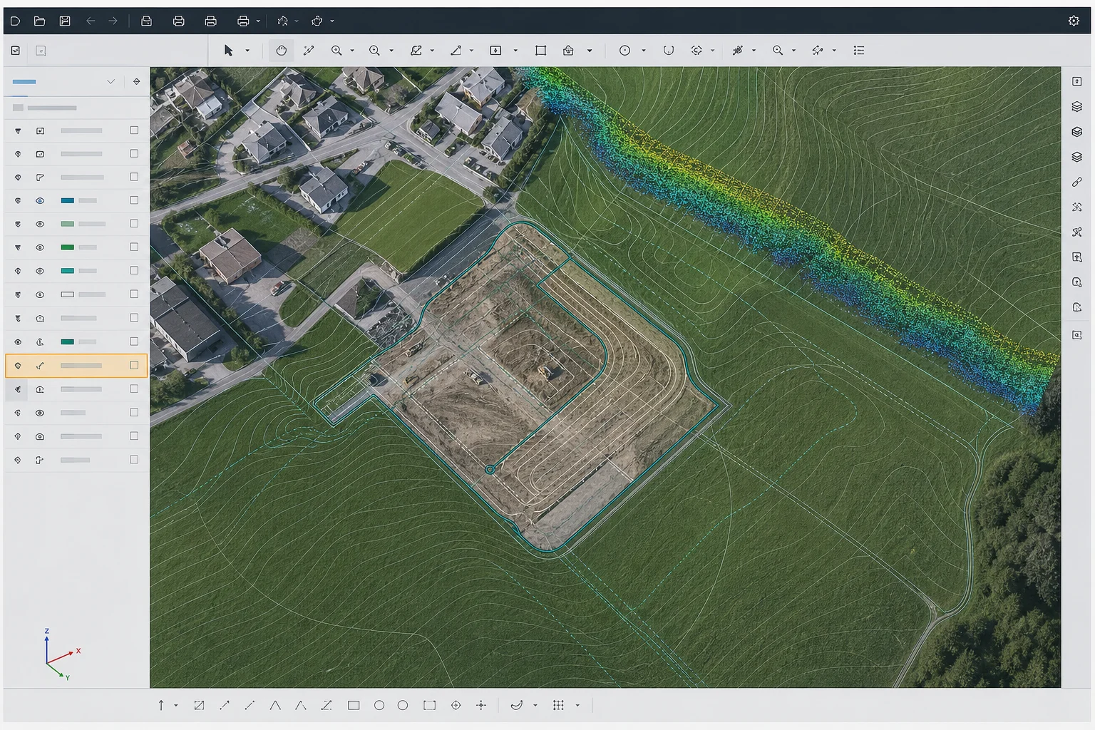 CAD- und GIS-Arbeitsplatz mit Drohnen-Orthofoto, Punktwolke, Höhenlinien und vektorisiertem Planungsperimeter