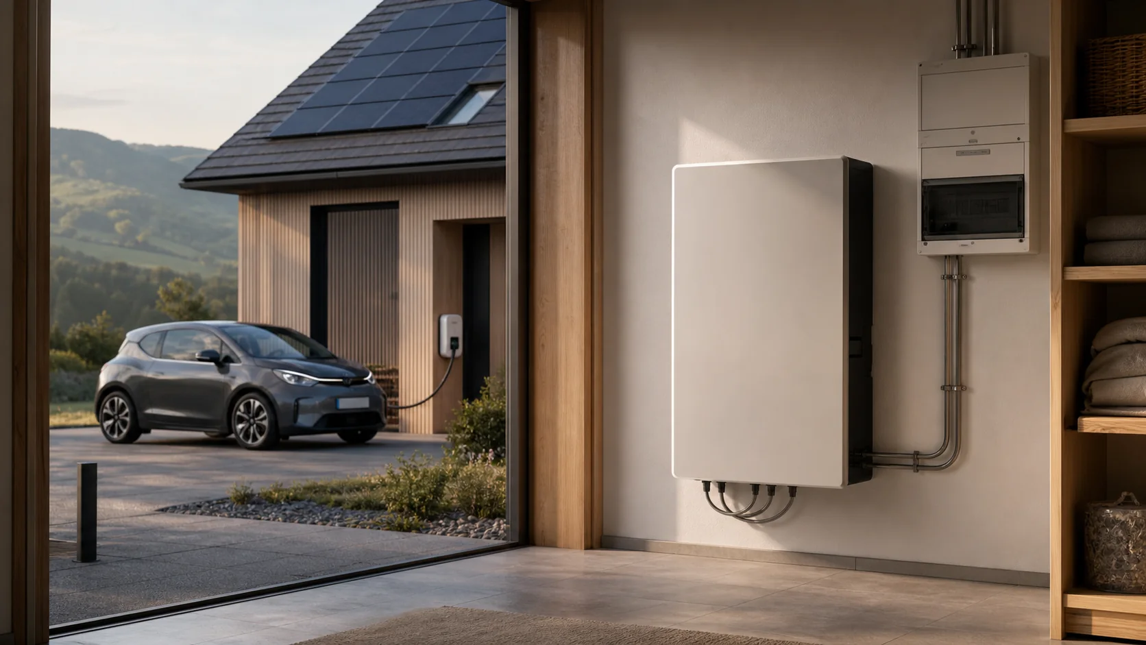 Hausspeicher im Technikraum mit Blick auf ein Schweizer Solarhaus und ein ladendes Elektroauto