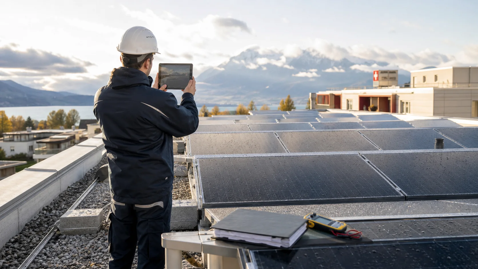 Solarfachperson dokumentiert eine fertiggestellte Schweizer Photovoltaikanlage für die Abnahme