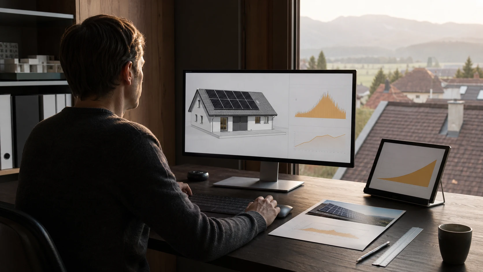 PV-Planer vergleicht Gebäudemodell, Ertragskurve und Angebotsauswertung an einem Arbeitsplatz mit Blick auf Schweizer Dächer