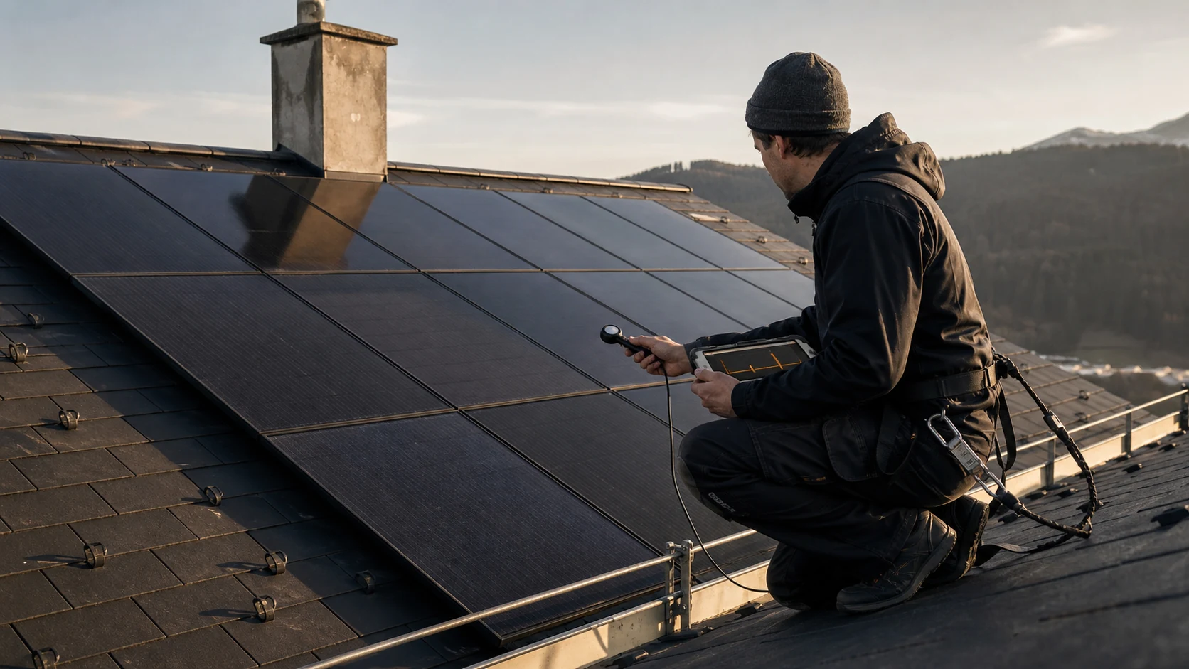 PV-Techniker prüft eine Photovoltaikanlage auf einem Schweizer Schrägdach, während ein Kamin Schatten auf die Module wirft