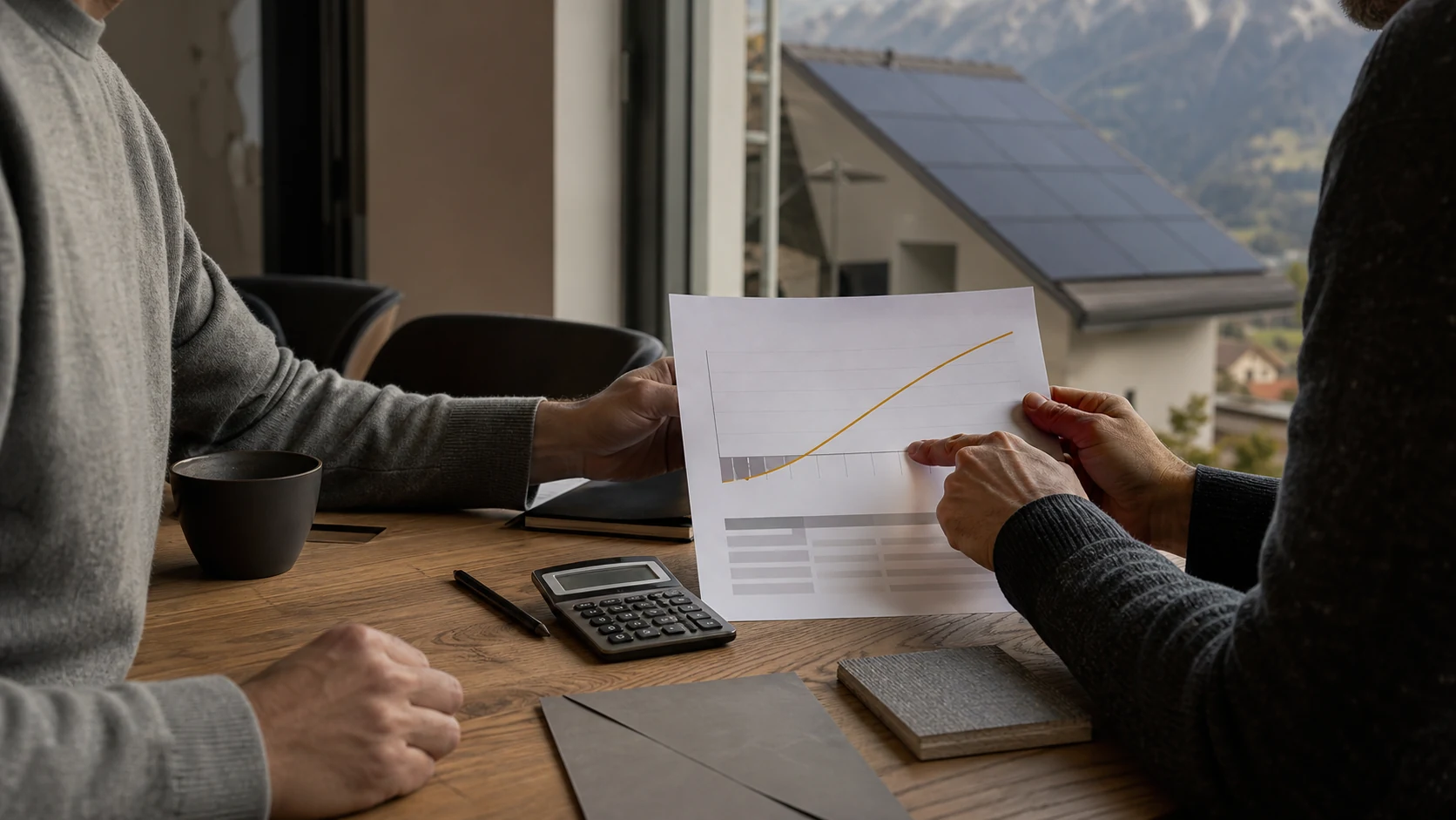 Beratungsgespräch über die Wirtschaftlichkeit einer Photovoltaikanlage anhand einer Cashflow-Auswertung