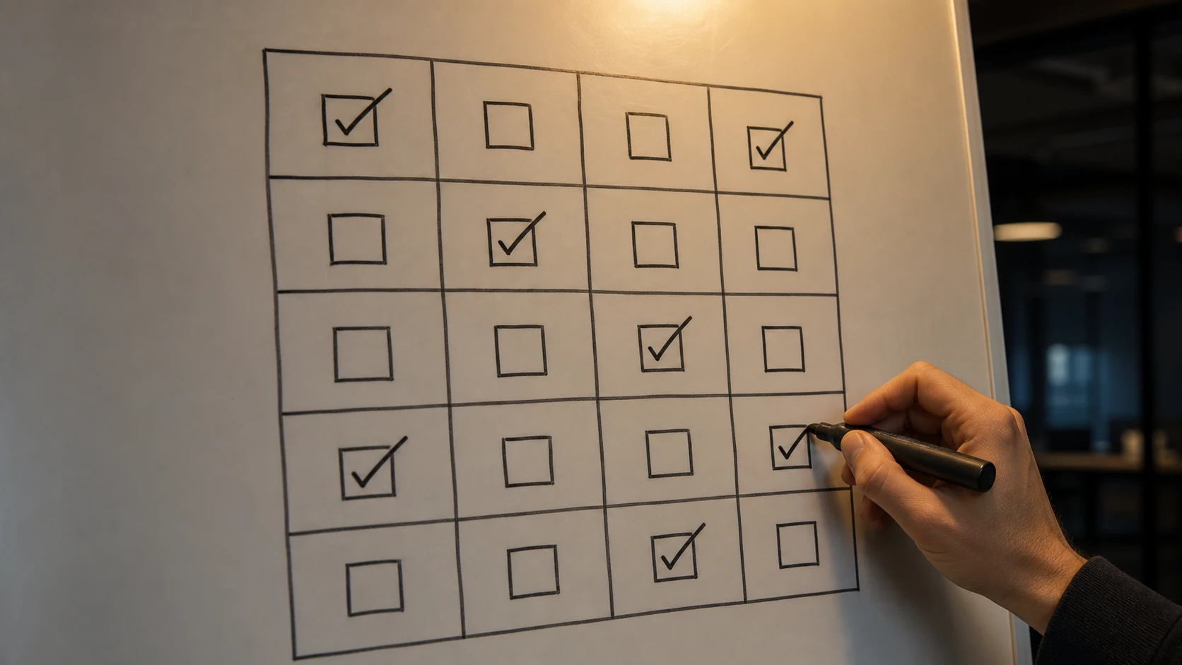 Whiteboard mit einer schematischen Kennzahlenmatrix aus Linien und Kästchen