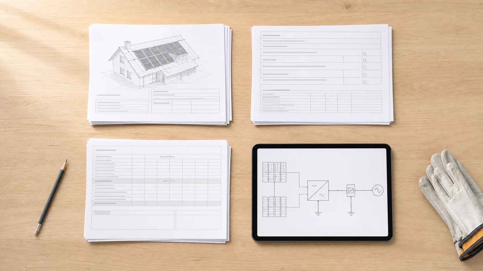Vier Arbeitsstränge eines Photovoltaikprojekts auf einem Tisch: Baumeldung, Anschlussgesuch, Prüfprotokoll und Anlagenschema