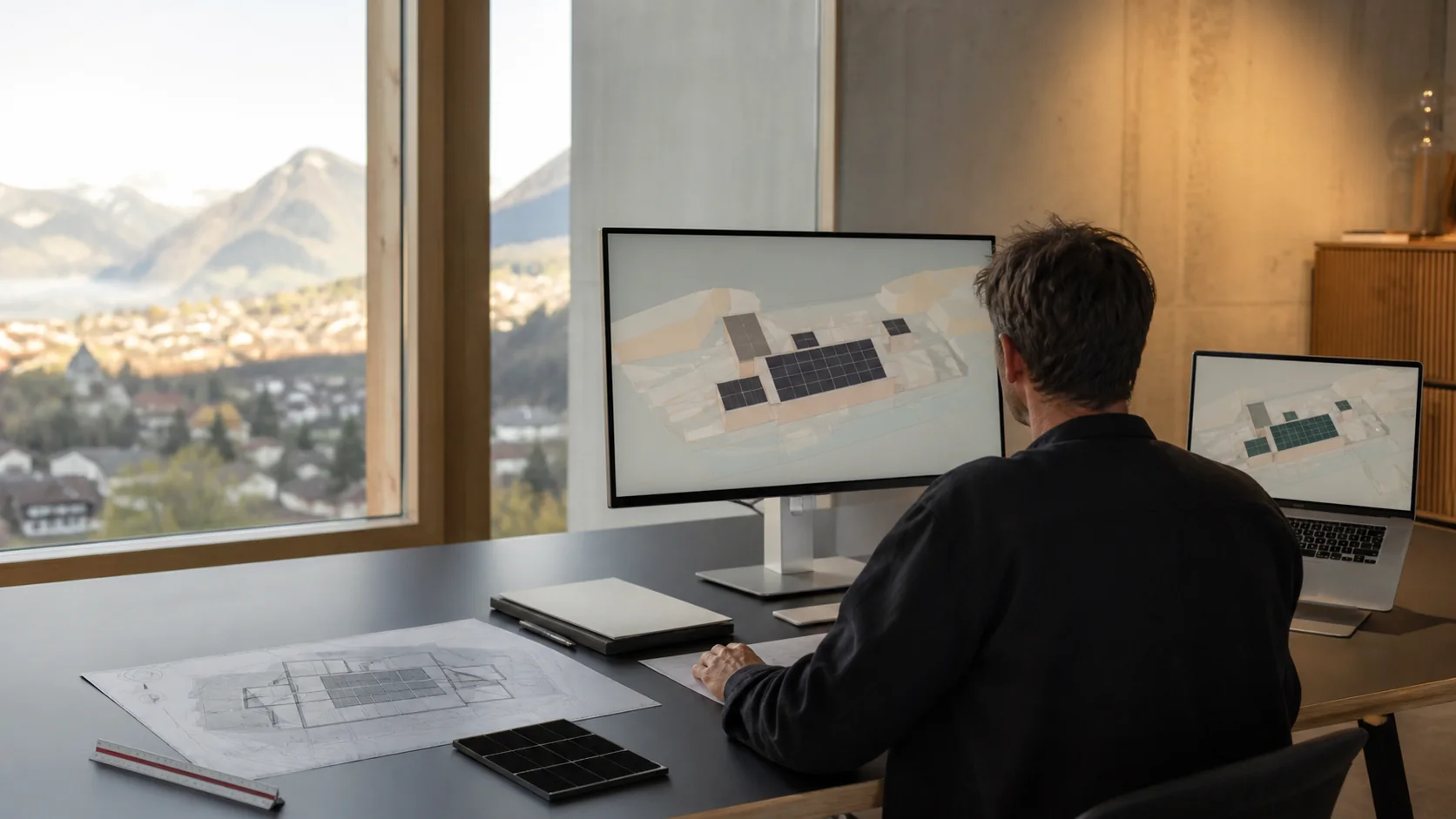 Photovoltaikplaner vergleicht zwei unterschiedliche 3D-Dachsimulationen an einem professionellen Arbeitsplatz