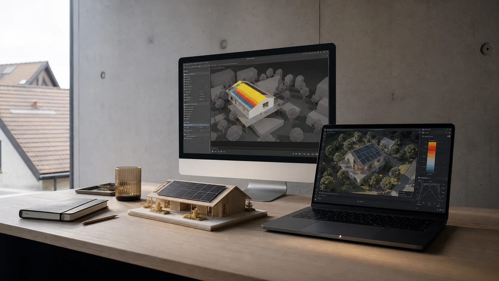 Zwei professionelle Photovoltaik-Simulationsumgebungen neben einem massstäblichen Solardachmodell