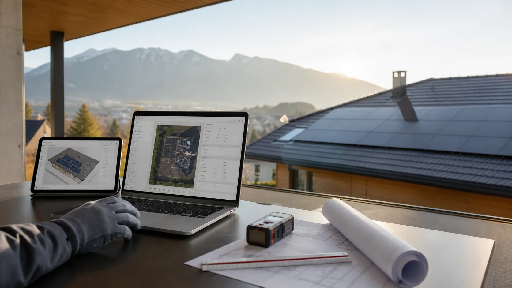 Browserbasierte und lokale Photovoltaikplanung auf Laptop und Tablet direkt neben einem realen Solardach