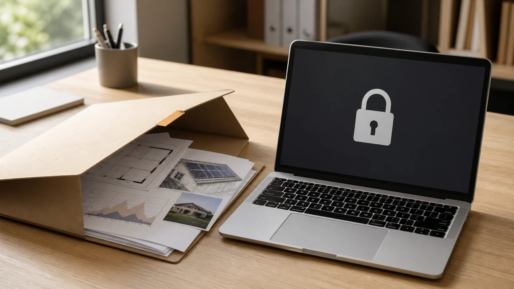 Projektordner und Laptop auf einem Schreibtisch, der Bildschirm zeigt eine schlichte Schlossdarstellung