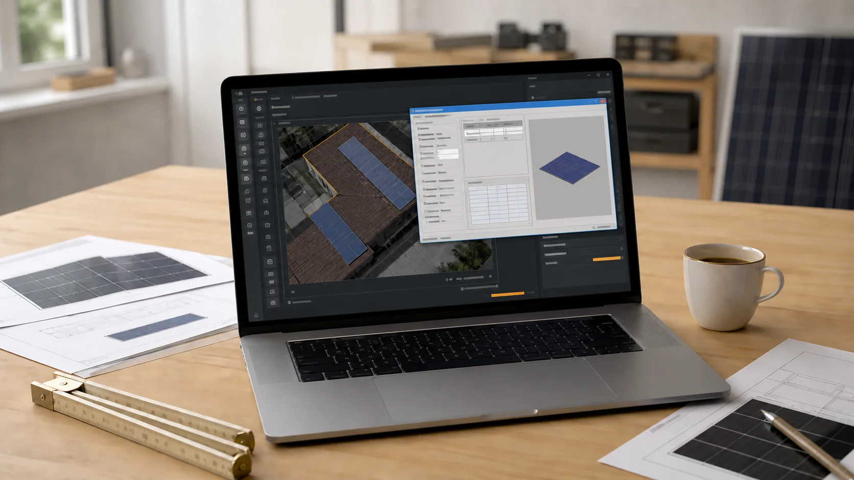 MacBook mit einem Windows-Fenster über der macOS-Oberfläche auf einem Arbeitstisch mit Datenblättern