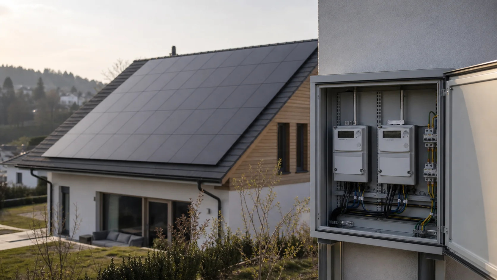 Wohnhaus mit Photovoltaikanlage, davor der Anschlusskasten mit dem Zähler für Bezug und Rücklieferung