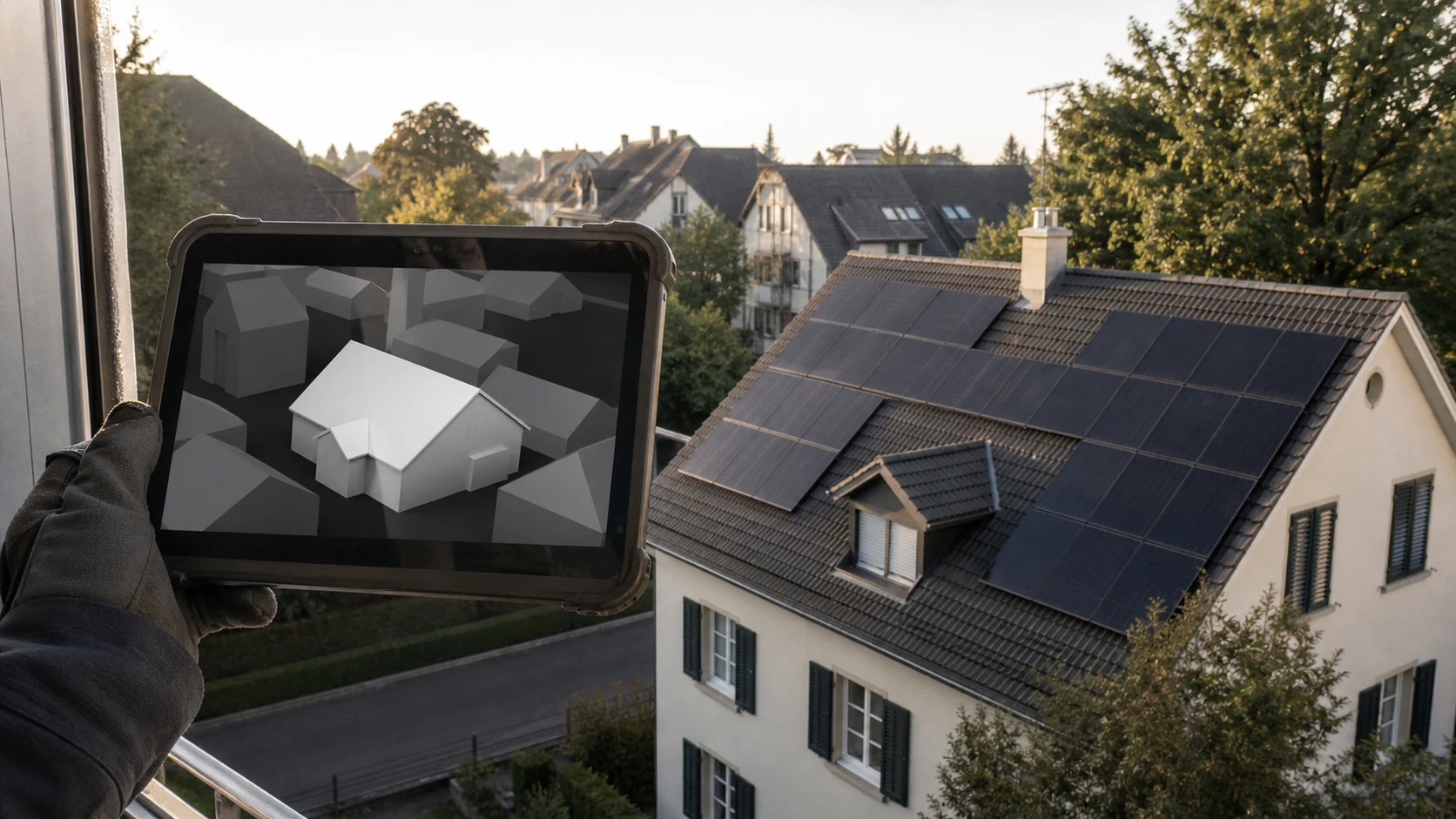 Planer hält ein vereinfachtes digitales Gebäudemodell vor das reale Solardach mit Kamin, Gaube und Baum