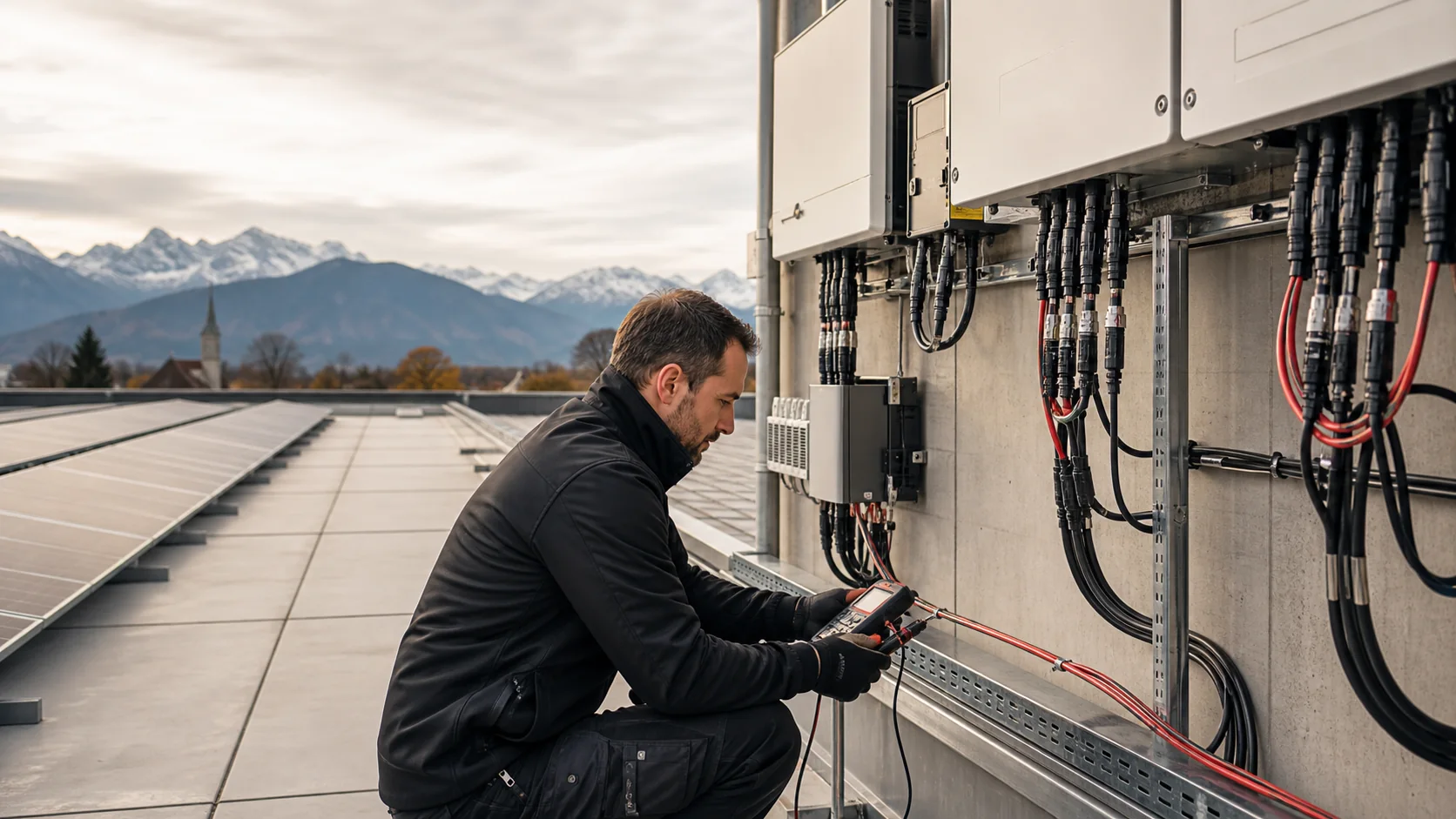 Fachplaner prüft die sauber geführten Gleichstrom-Strings einer Photovoltaikanlage auf einem Flachdach