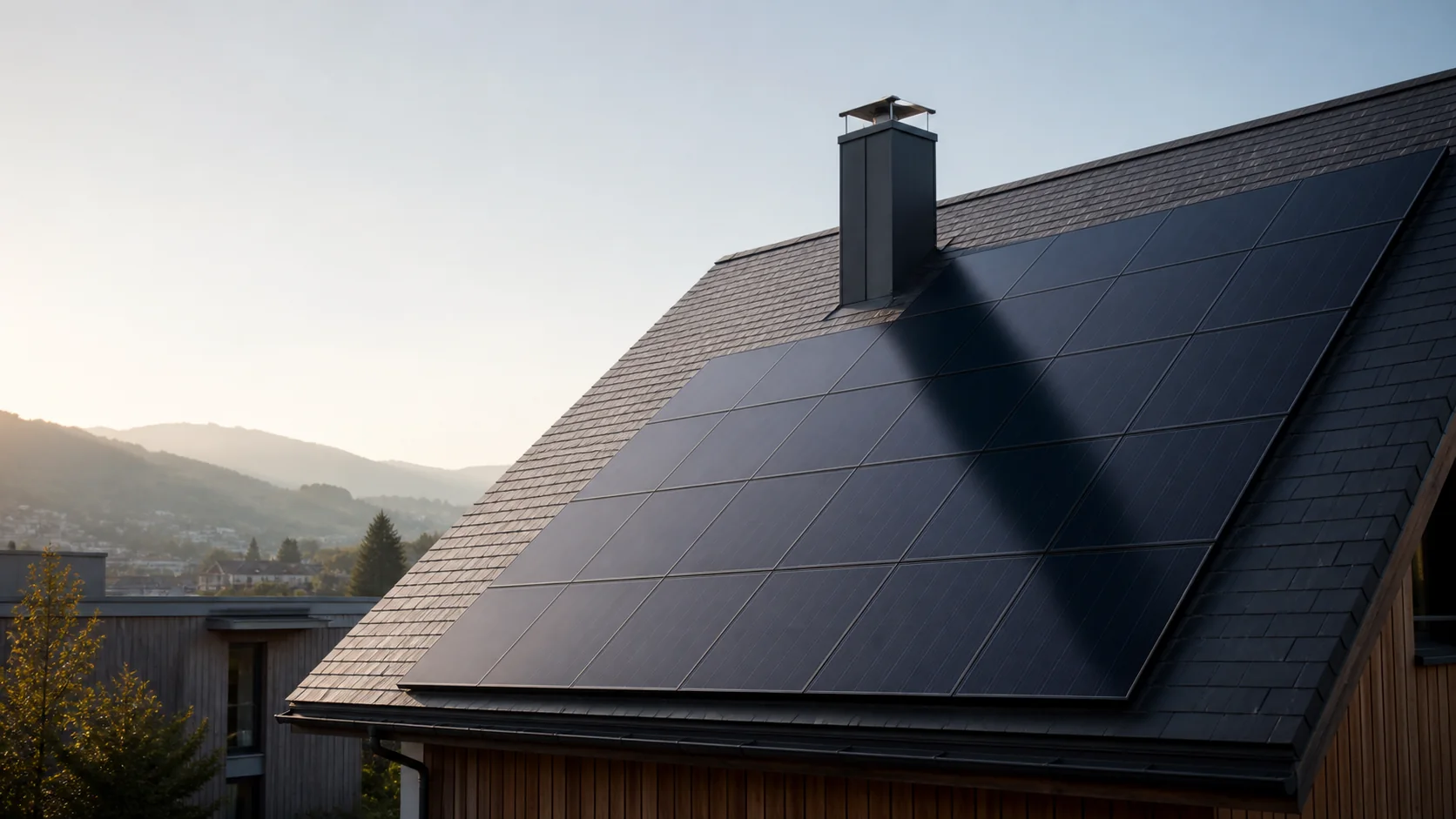 Photovoltaikanlage auf einem Schweizer Schrägdach, über deren Module der Schatten eines Kamins fällt