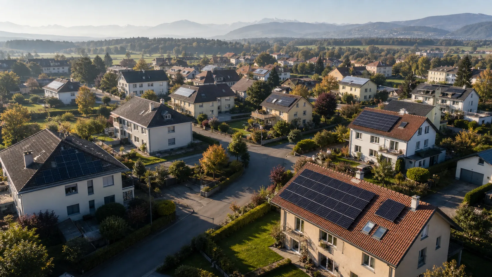 Wohnquartier mit mehreren Photovoltaikdächern, die über die Strassenzüge miteinander verbunden erscheinen