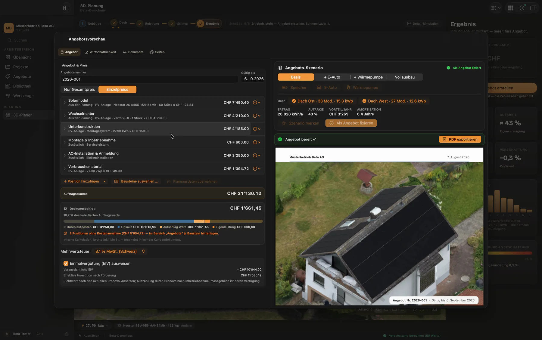 PV-Pro auf macOS im sechsten Planungsschritt Angebot mit Angebotspositionen und Projektsumme